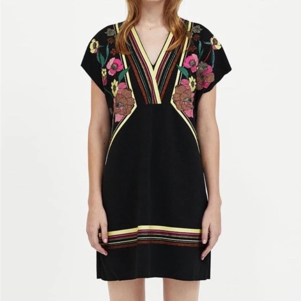 Zara Black Mini Dress with Pink & Green Floral Embroidery